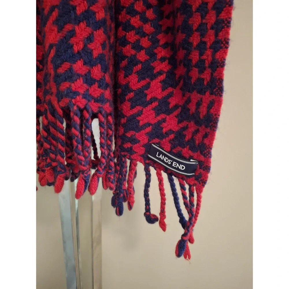 Lands End Wool Red Navy Houndstooth Scarf W/Fringe Unisex Fall Cottagecore